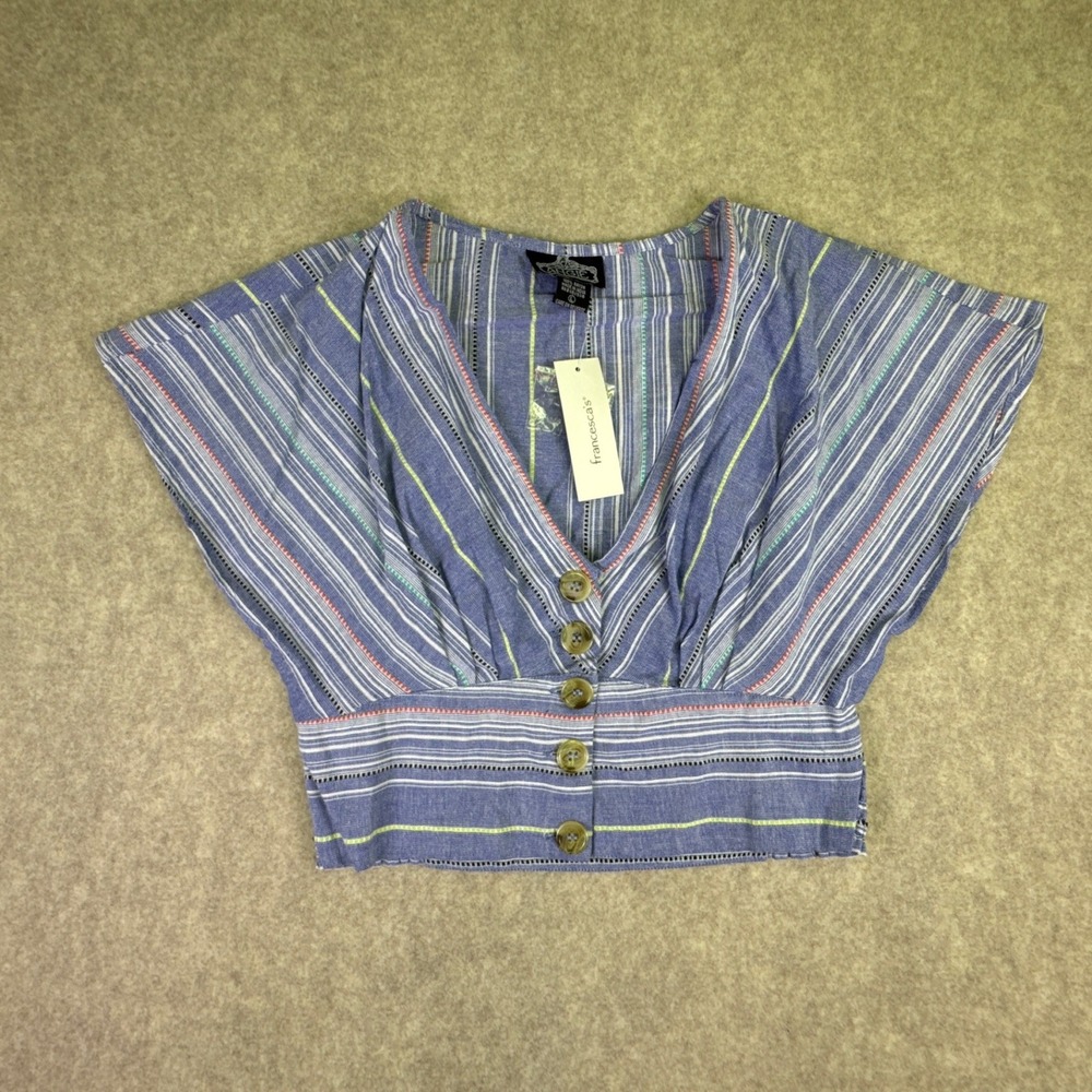 Francesca's Angie NWT Junior's Cropped Button Front Blouse Blue & Pink Stripe L‎
